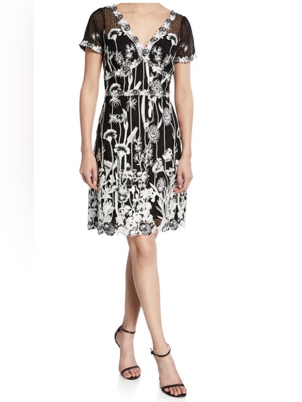 Marchesa Notte Black and White Floral V-Neck Lace-Trim Midi Dress size 6